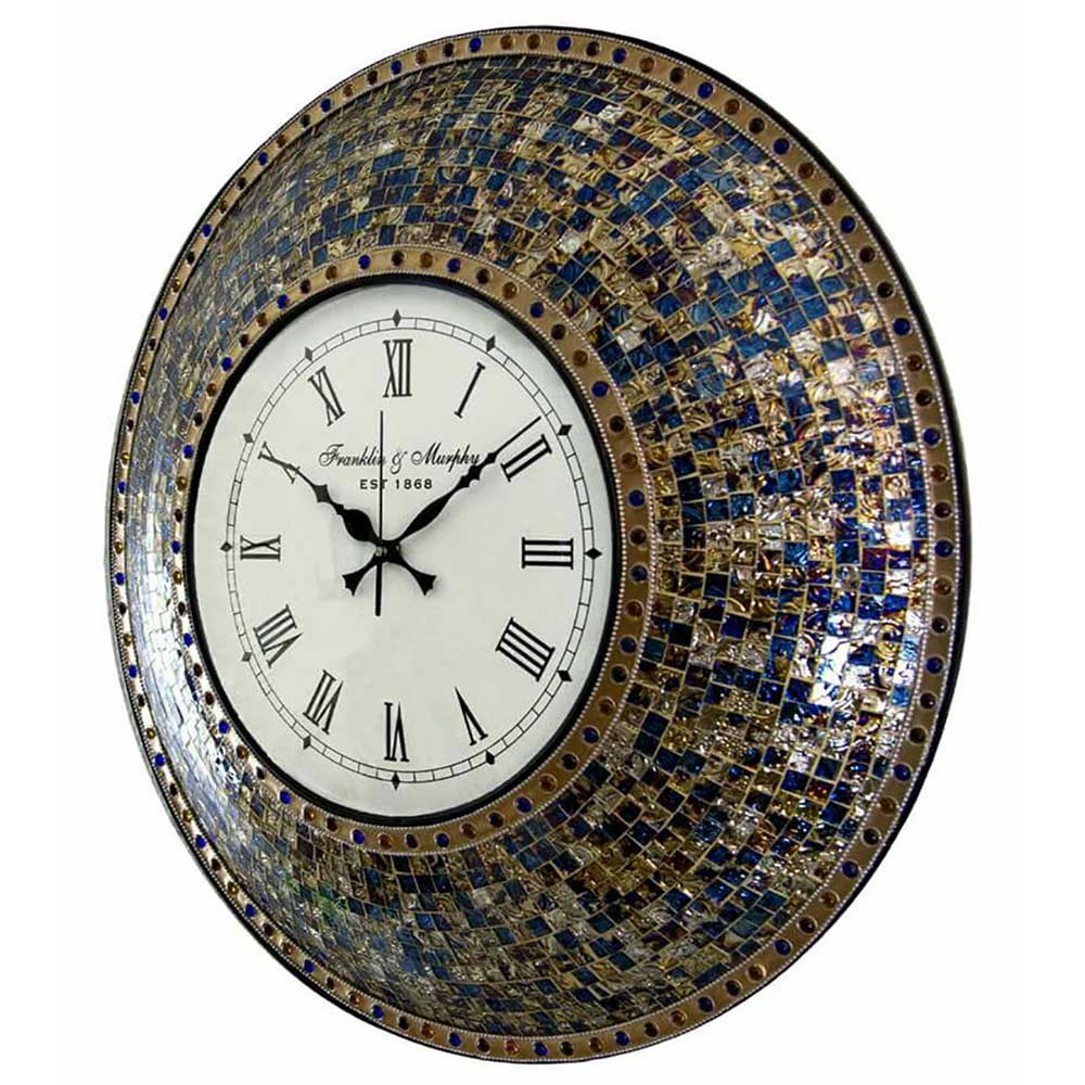 Large Mosaic Wall Clock 57cm in Multi Colours - Blue Gold tone