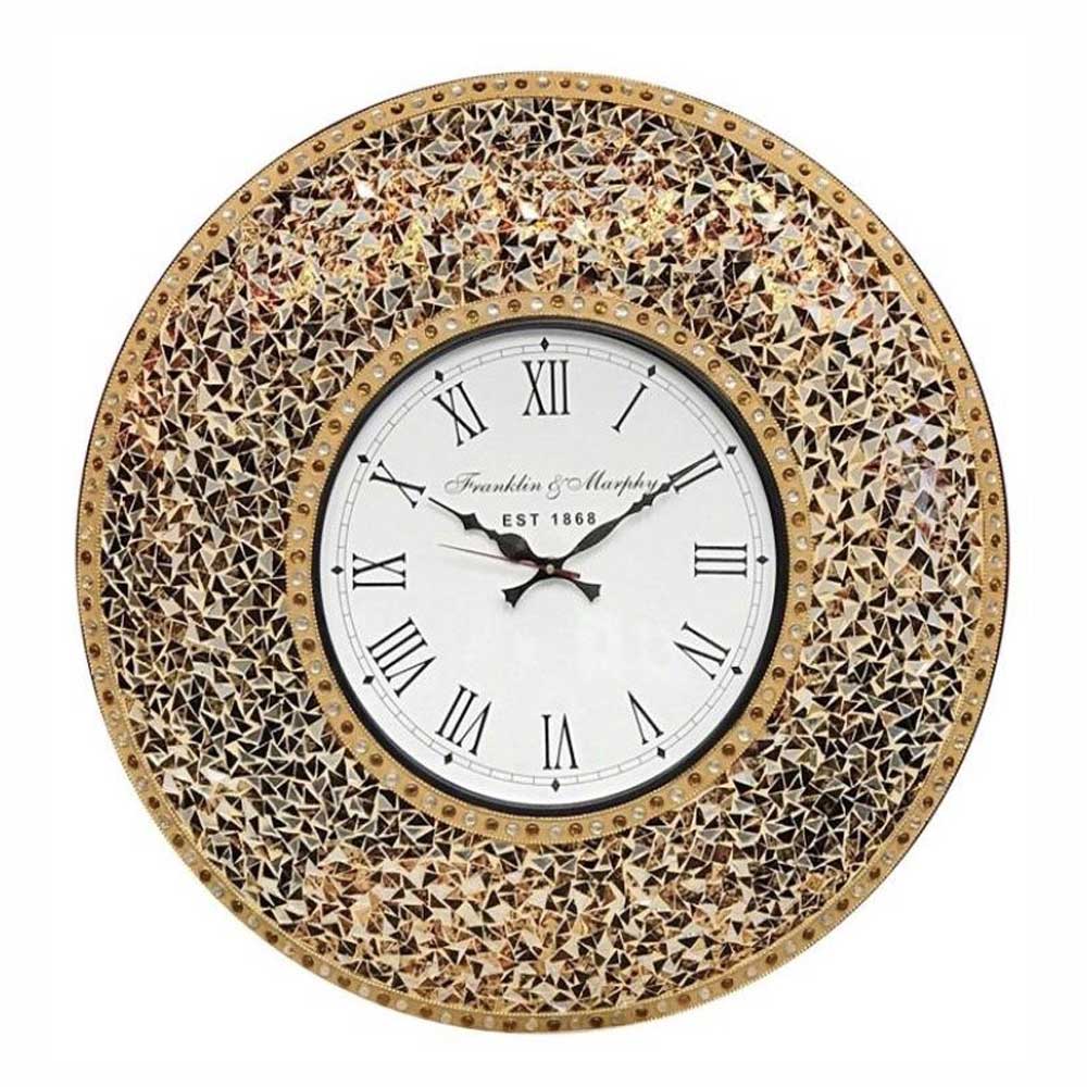 Large Mosaic Wall Clock 57cm in Multi colours - Yellow Gold tone